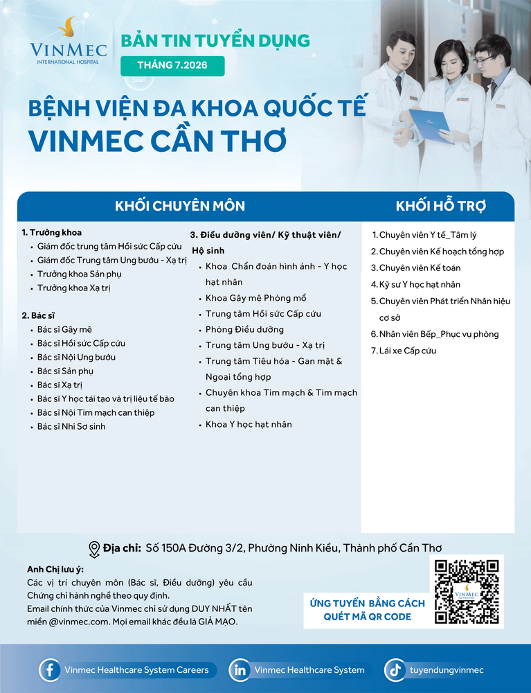 Bệnh viện Đa khoa Quốc tế Vinmec Cần Thơ tuyển dụng nhiều vị trí tháng 7/2026