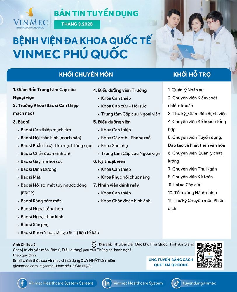 Bệnh viện Đa khoa Quốc tế Vinmec Cần Thơ tuyển dụng nhiều vị trí tháng 3/2026