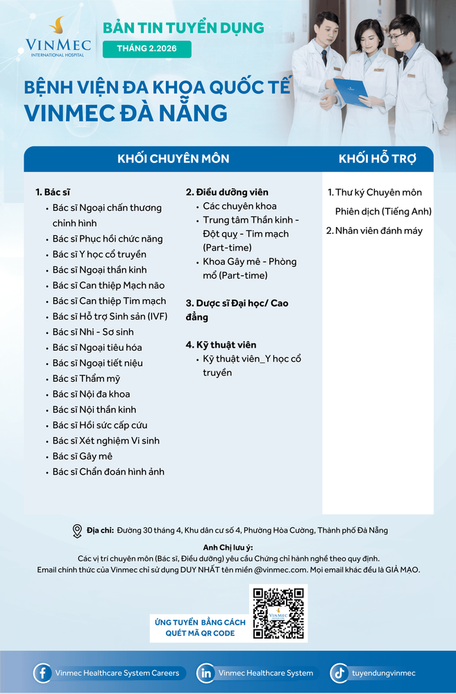 Bệnh viện Đa khoa Quốc tế Vinmec Đà Nẵng tuyển dụng nhiều vị trí tháng 2/2026