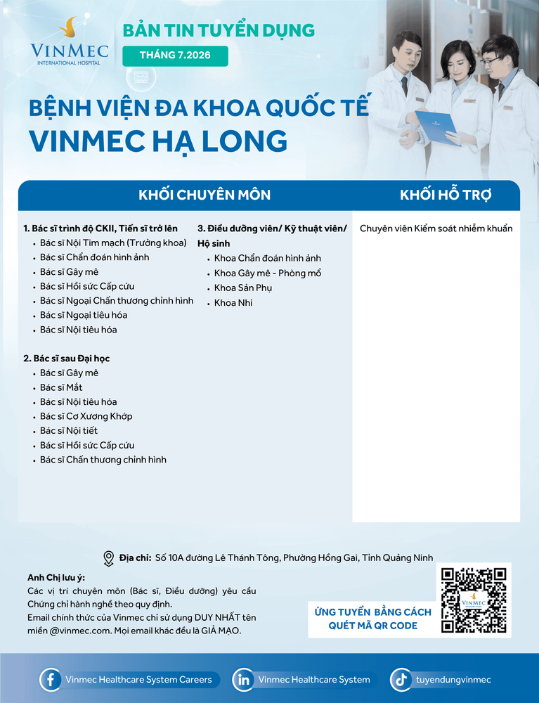 Bệnh viện Đa khoa Quốc tế Vinmec Hạ Long tuyển dụng nhiều vị trí tháng 7/2026