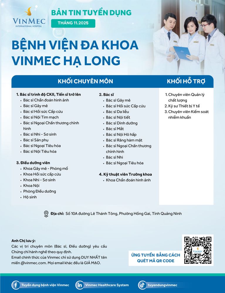 Bệnh viện Đa khoa Vinmec Hạ Long tuyển dụng nhiều vị trí tháng 11/2025