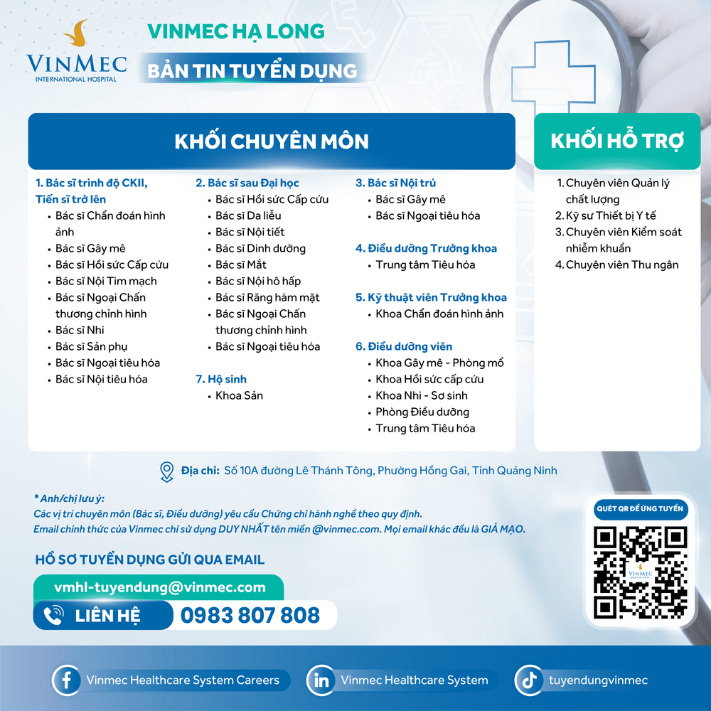 Bệnh viện Đa khoa Vinmec Hạ Long tuyển dụng nhiều vị trí tháng 12/2025