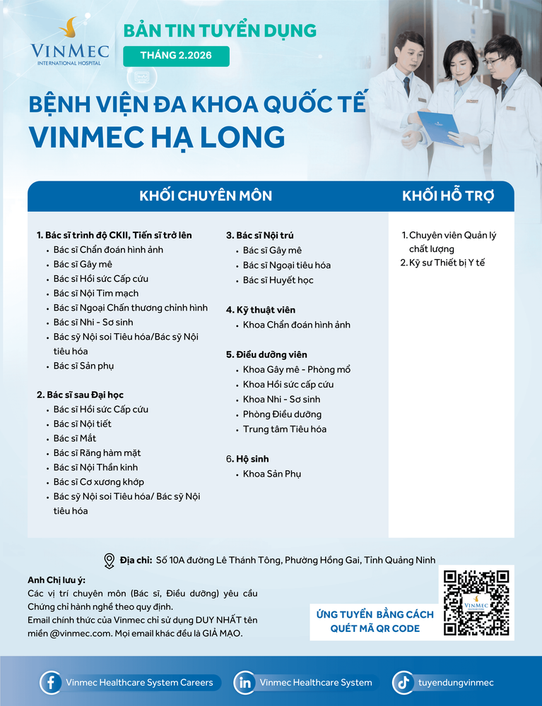 Bệnh viện Đa khoa Quốc tế Vinmec Hạ Long tuyển dụng nhiều vị trí tháng 2/2026