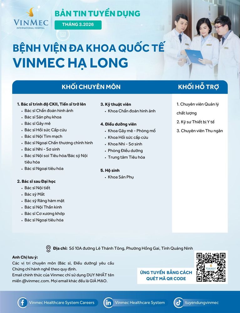 Bệnh viện Đa khoa Quốc tế Vinmec Hạ Long tuyển dụng nhiều vị trí tháng 3/2026