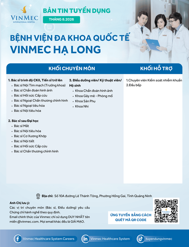 Bệnh viện Đa khoa Quốc tế Vinmec Hạ Long tuyển dụng nhiều vị trí tháng 8/2026