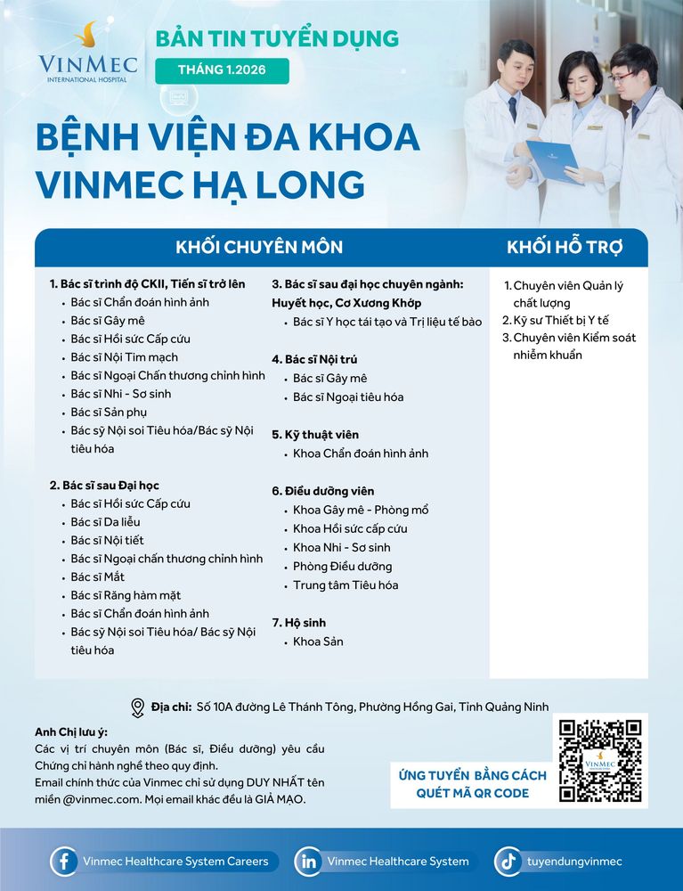 Bệnh viện Đa khoa Vinmec Hạ Long tuyển dụng nhiều vị trí tháng 1/2026