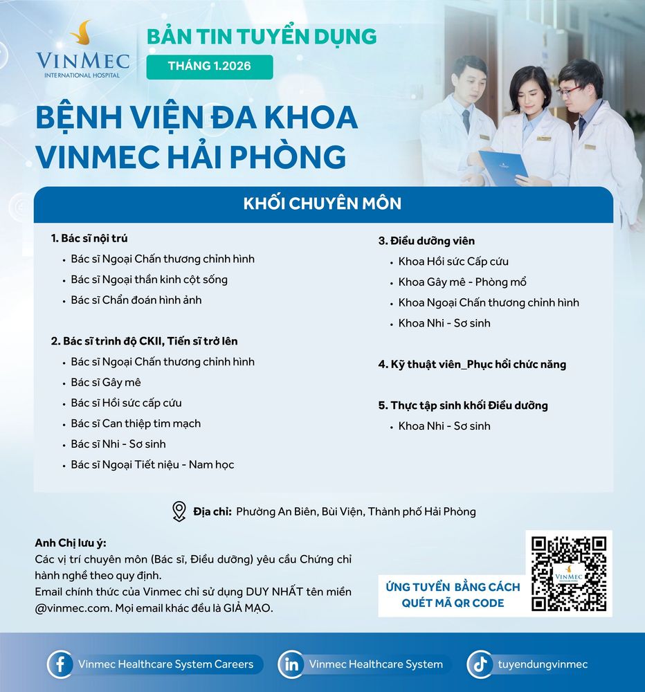 Bệnh viện Đa khoa Vinmec Hải Phòng tuyển dụng nhiều vị trí tháng 1/2026