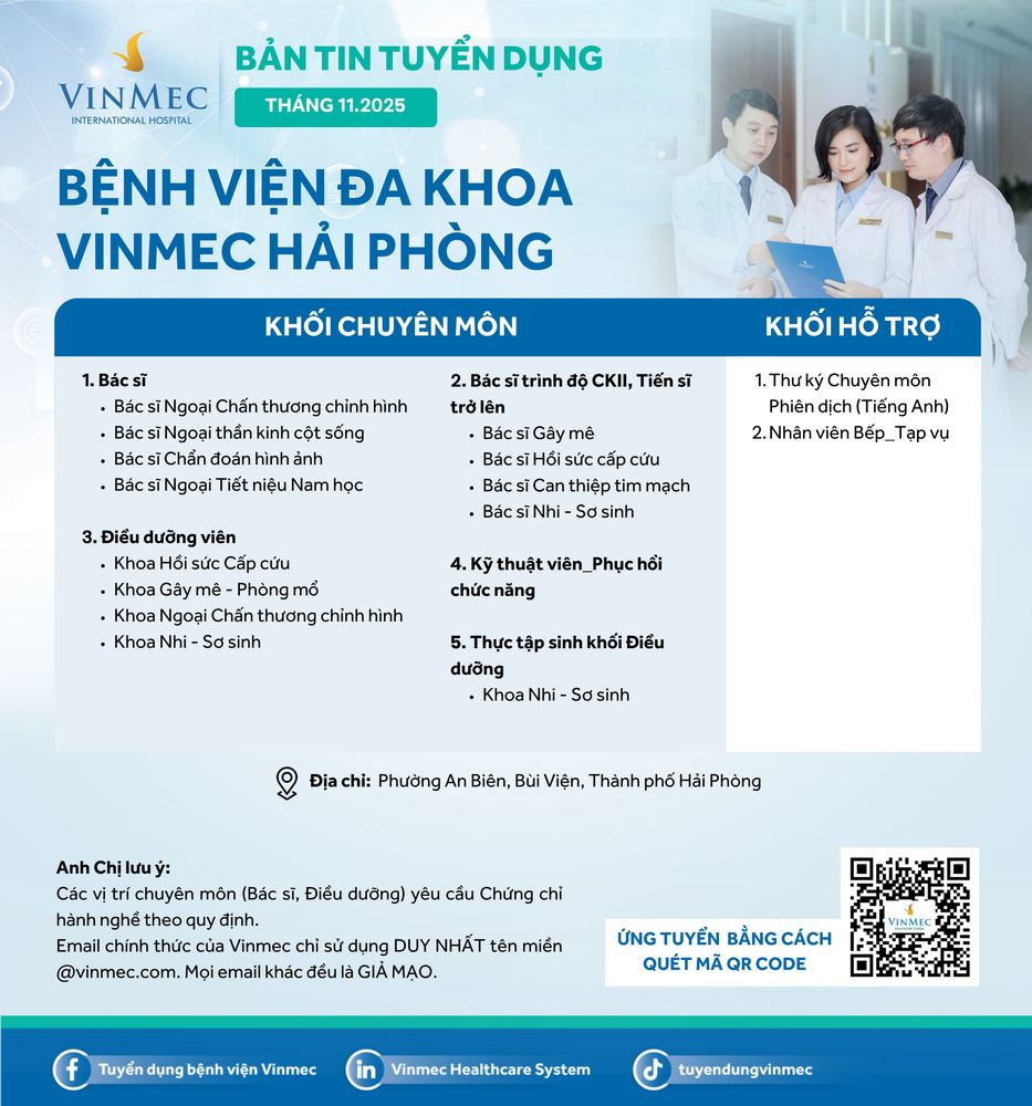 Bệnh viện Đa khoa Vinmec Hải Phòng tuyển dụng nhiều vị trí tháng 11/2025