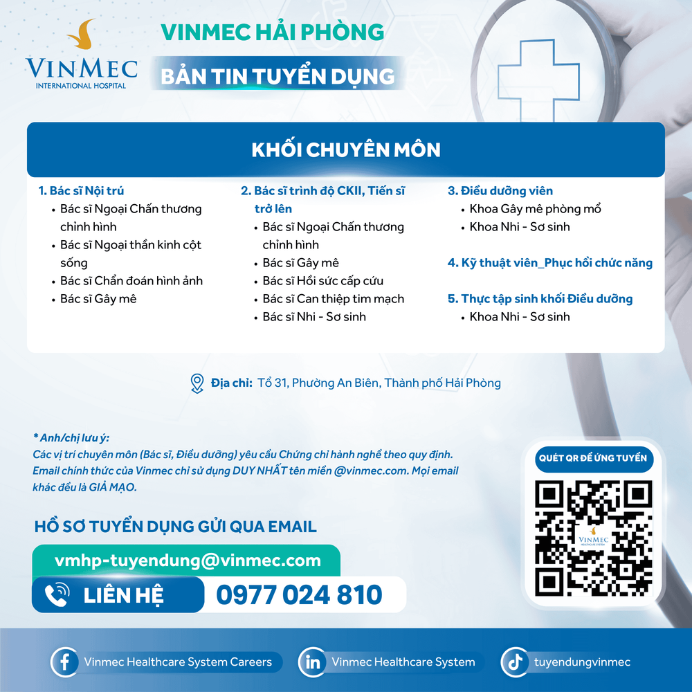 Bệnh viện Đa khoa Vinmec Hải Phòng tuyển dụng nhiều vị trí tháng 12/2025