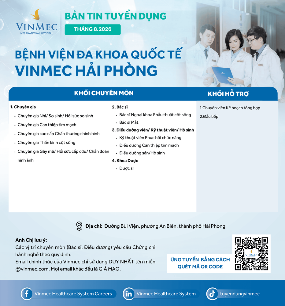 Bệnh viện Đa khoa Quốc tế Vinmec Hải Phòng tuyển dụng nhiều vị trí tháng 8/2026