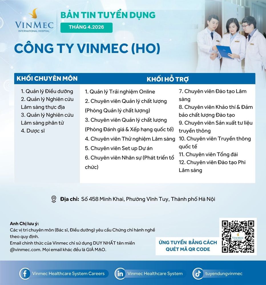 Công ty Vinmec (HO) tuyển dụng nhiều vị trí tháng 4/2026