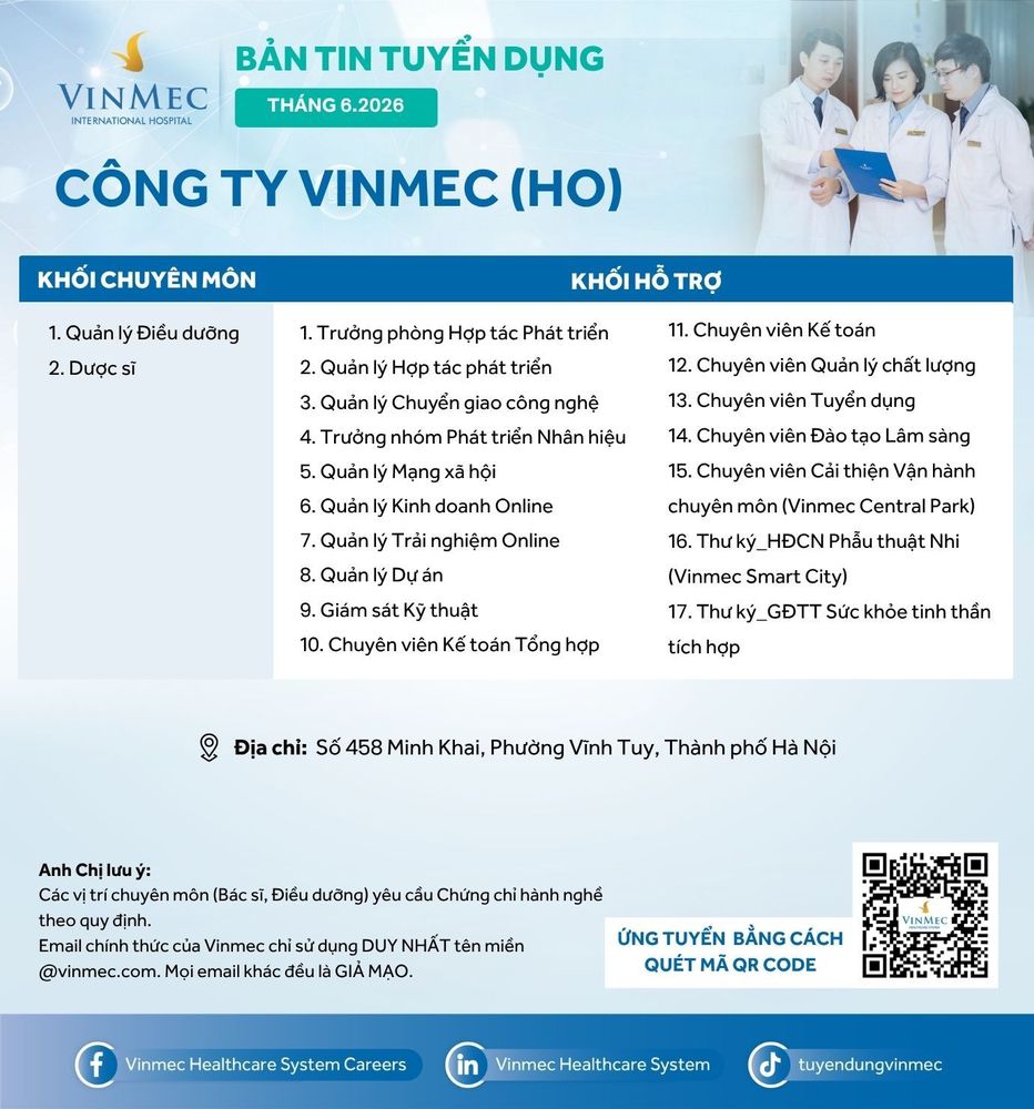 Công ty Vinmec (HO) tuyển dụng nhiều vị trí tháng 6/2026