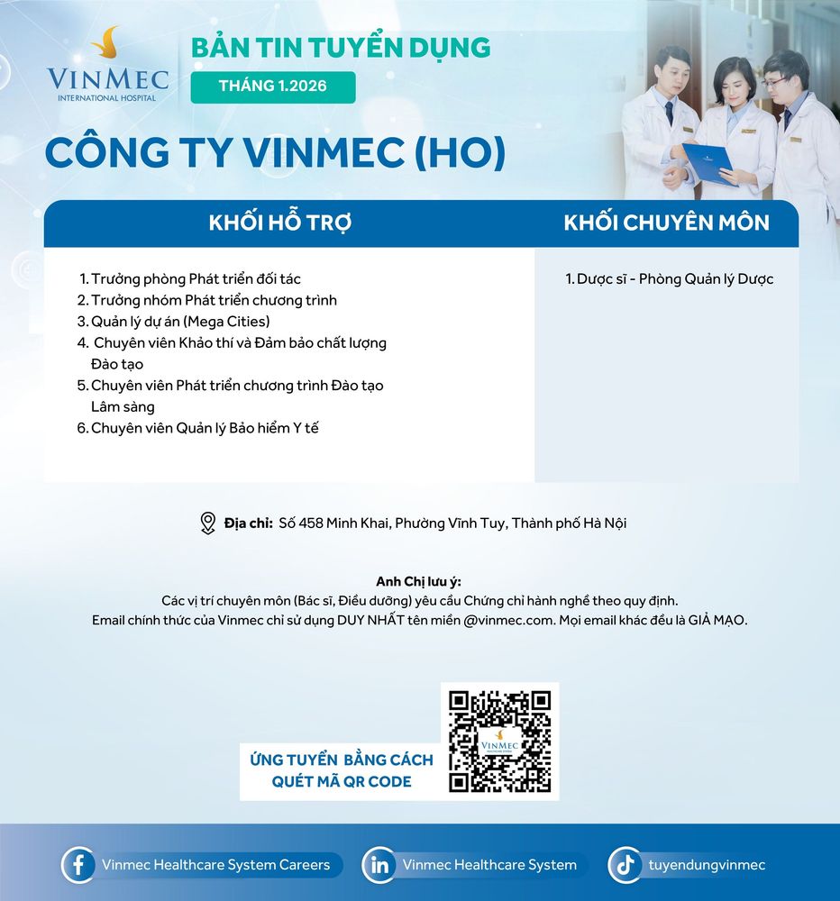 Công ty Vinmec (HO) tuyển dụng nhiều vị trí tháng 1/2026