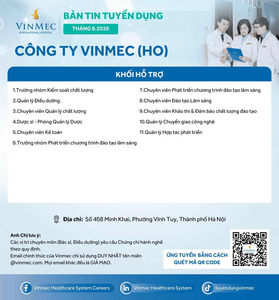 Công ty Vinmec (HO) tuyển dụng nhiều vị trí tháng 8/2026