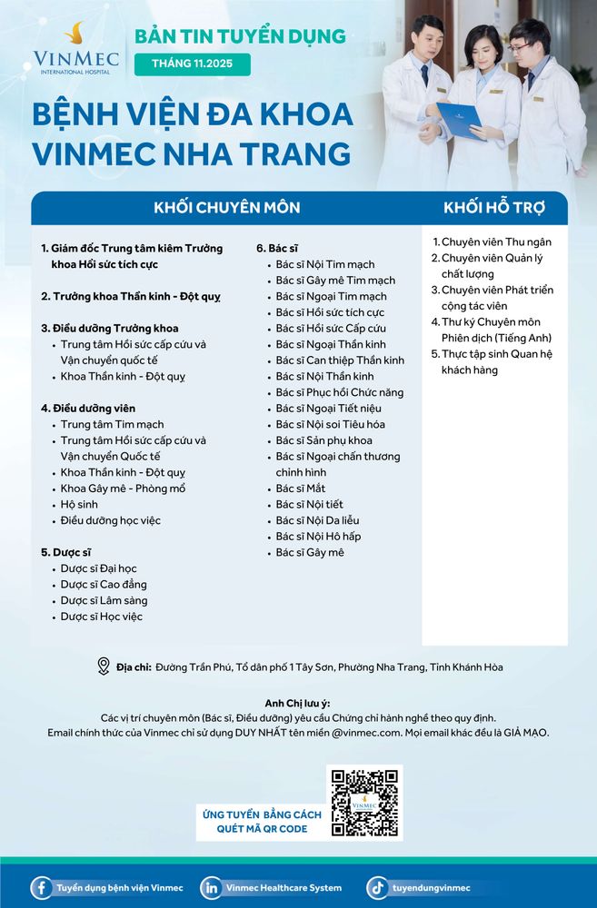 Bệnh viện Đa khoa Vinmec Nha Trang tuyển dụng nhiều vị trí tháng 11/2025