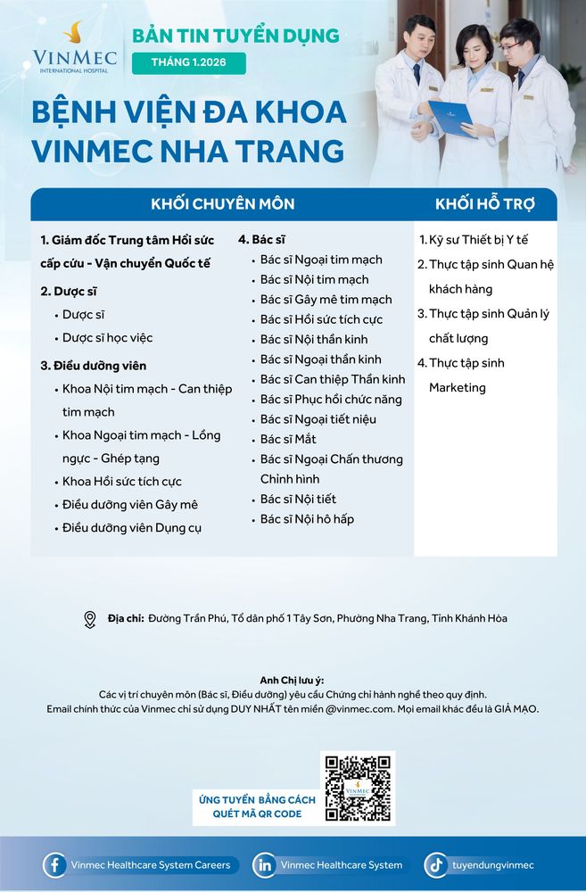 Bệnh viện Đa khoa Vinmec Nha Trang tuyển dụng nhiều vị trí tháng 1/2026