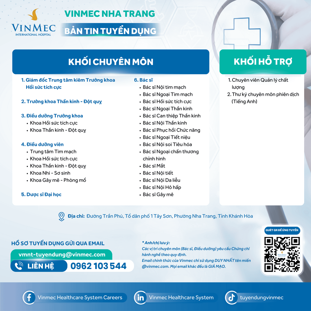 Bệnh viện Đa khoa Vinmec Nha Trang tuyển dụng nhiều vị trí tháng 12/2025