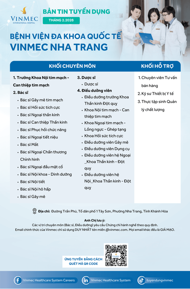 Bệnh viện Đa khoa Quốc tế Vinmec Nha Trang tuyển dụng nhiều vị trí tháng 2/2026