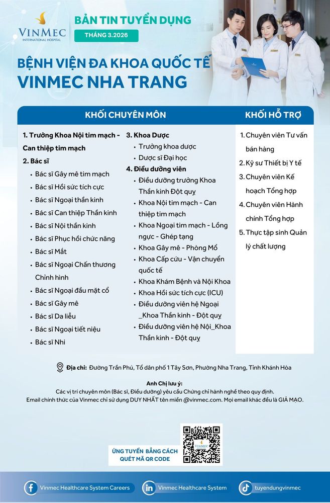 Bệnh viện Đa khoa Quốc tế Vinmec Nha Trang tuyển dụng nhiều vị trí tháng 3/2026
