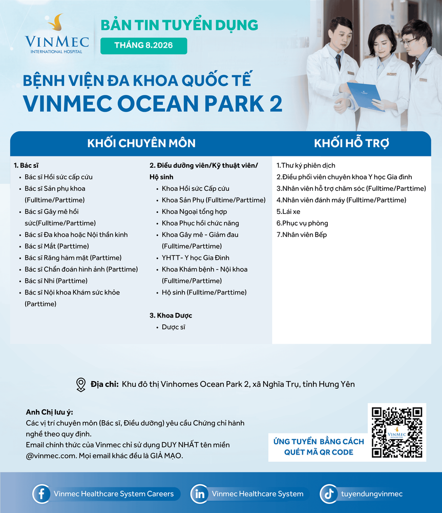 Bệnh viện Đa khoa Quốc tế Vinmec Ocean Park 2 tuyển dụng nhiều vị trí tháng 8/2026