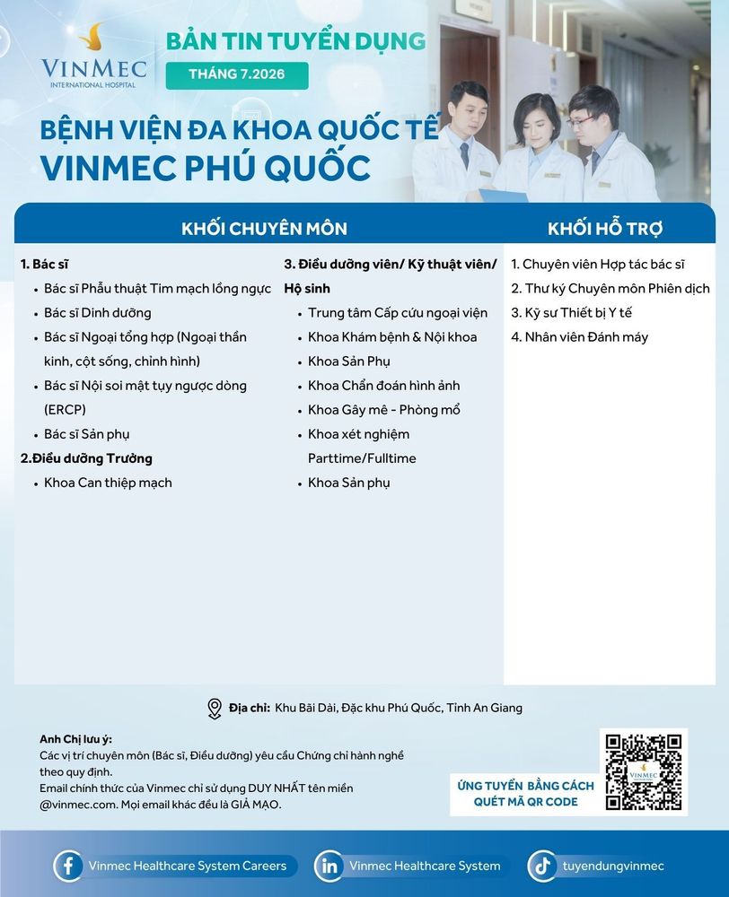 Bệnh viện Đa khoa Quốc tế Vinmec Phú Quốc tuyển dụng nhiều vị trí tháng 7/2026