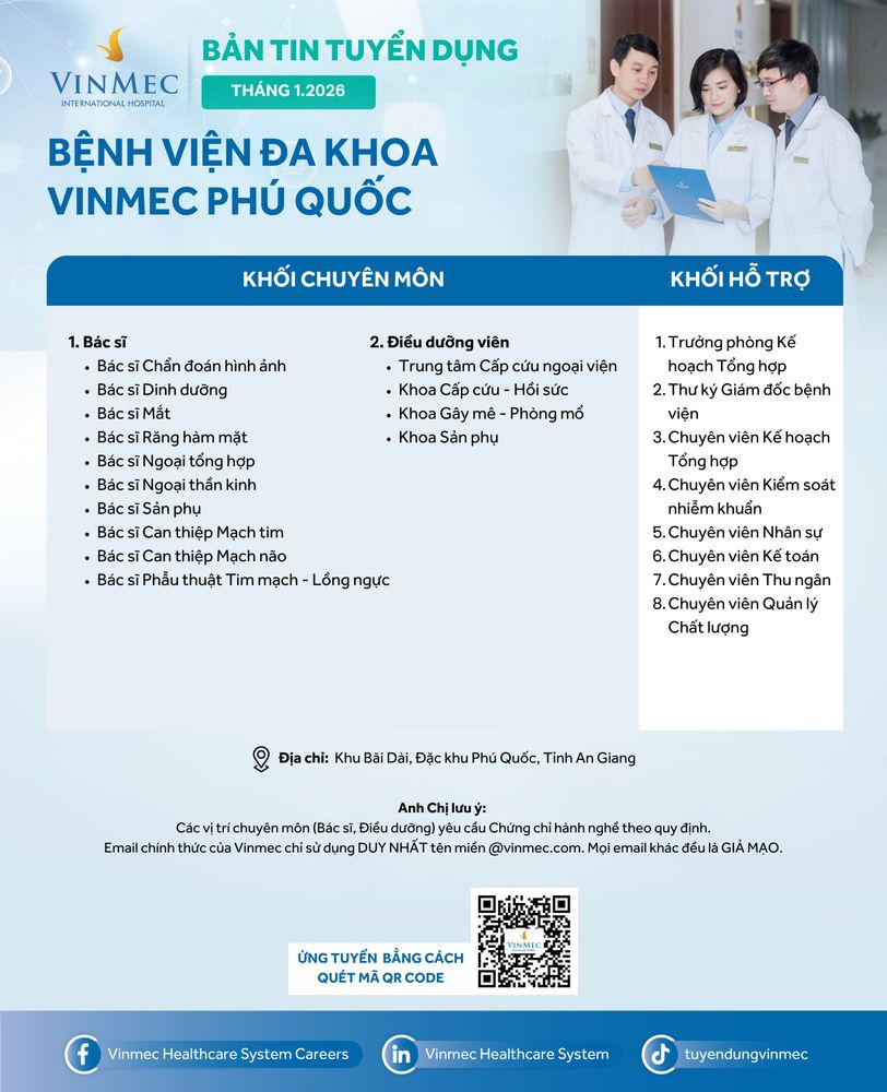 Bệnh viện Đa khoa Vinmec Phú Quốc tuyển dụng nhiều vị trí tháng 1/2026