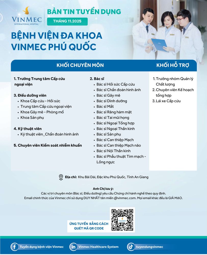 Bệnh viện Đa khoa Vinmec Phú Quốc tuyển dụng nhiều vị trí tháng 11/2025