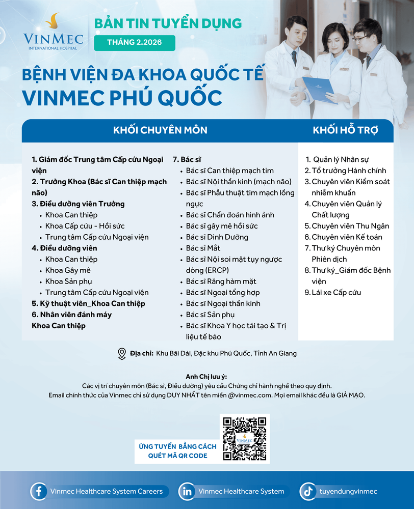 Bệnh viện Đa khoa Quốc tế Vinmec Phú Quốc tuyển dụng nhiều vị trí tháng 2/2026