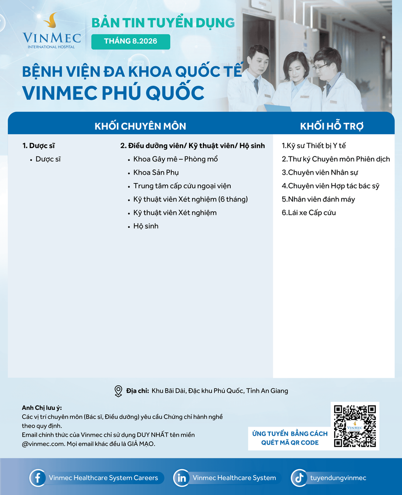 Bệnh viện Đa khoa Quốc tế Vinmec Phú Quốc tuyển dụng nhiều vị trí tháng 8/2026
