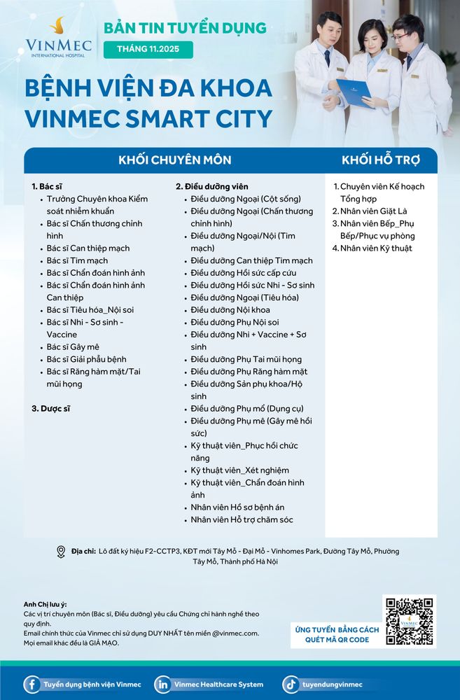 Bệnh viện Đa khoa Vinmec Smart City tuyển dụng nhiều vị trí tháng 11/2025