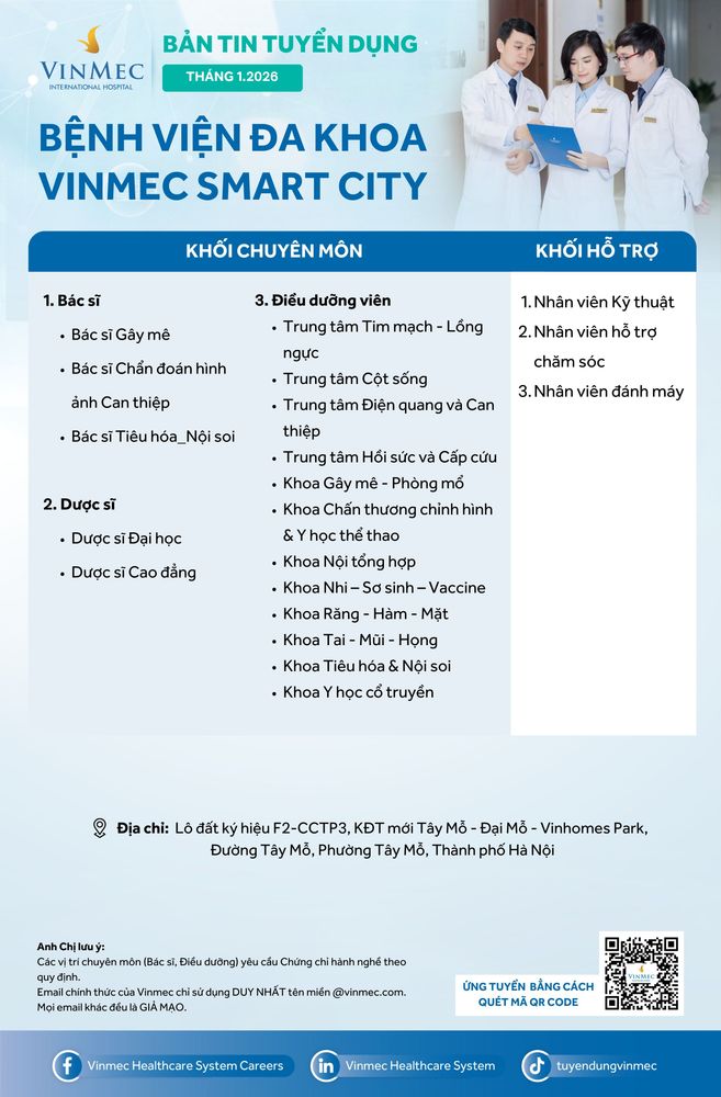 Bệnh viện Đa khoa Vinmec Smart City tuyển dụng nhiều vị trí tháng 1/2026