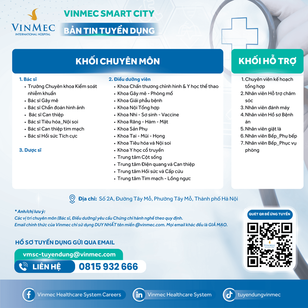 Bệnh viện Đa khoa Vinmec Smart City tuyển dụng nhiều vị trí tháng 12/2025
