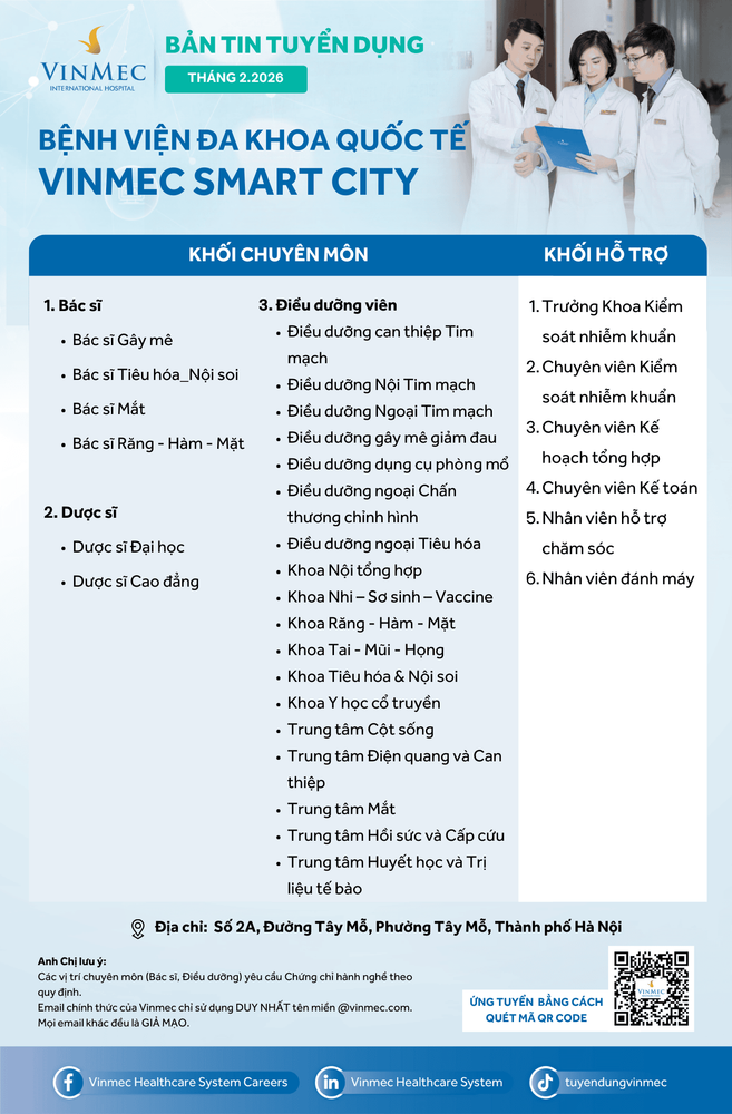 Bệnh viện Đa khoa Quốc tế Vinmec Smart City tuyển dụng nhiều vị trí tháng 2/2026