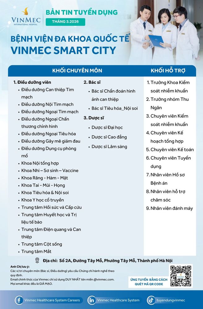 Bệnh viện Đa khoa Quốc tế Vinmec Smart City tuyển dụng nhiều vị trí tháng 3/2026