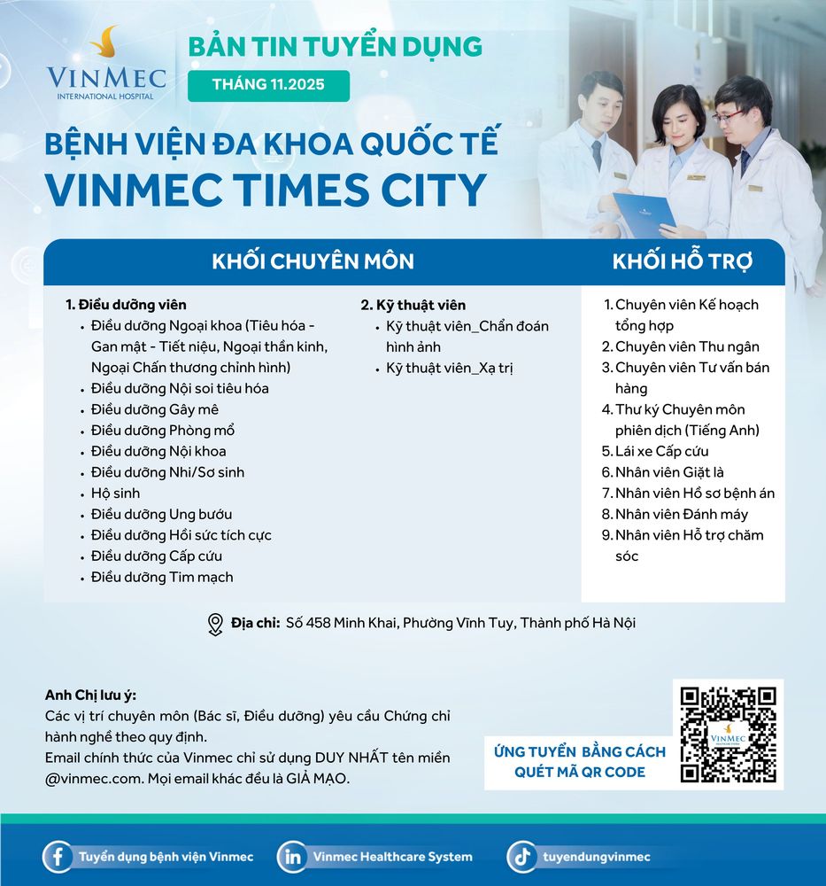 Bệnh viện Đa khoa Quốc tế Vinmec Times City tuyển dụng nhiều vị trí tháng 11/2025