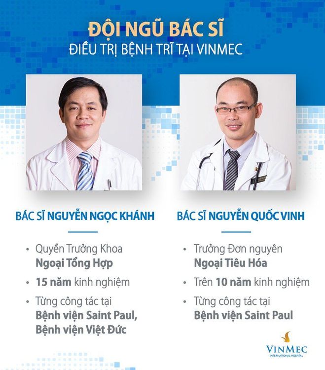 Đội ngũ bác sĩ điều trị bệnh trĩ tại Vinmec Times City gồm Thạc sĩ, Bác sĩ Nguyễn Ngọc Khánh và Thạc sĩ, Bác sĩ Nguyễn Quốc Vinh.
