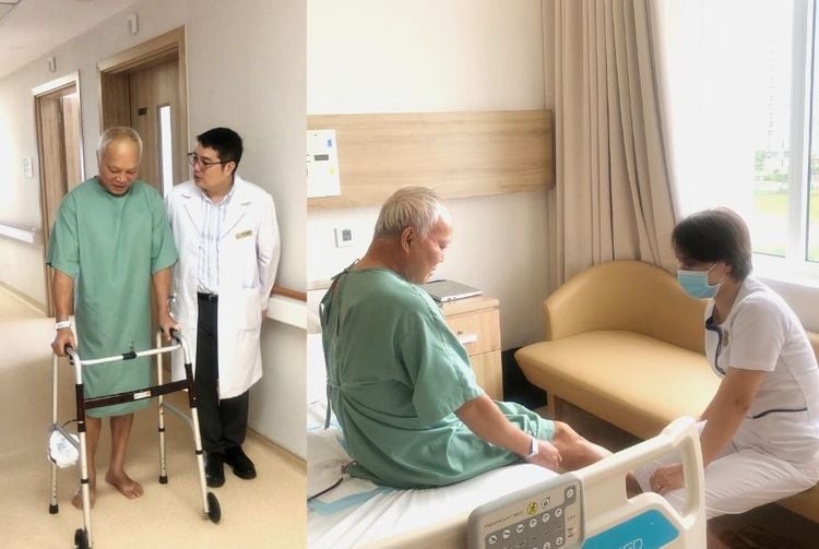 Hình ảnh bệnh nhân tập đứng, tập đi lại cùng đội ngũ vật lý trị liệu và TS.BS Nguyễn Đức Mạnh chỉ sau 12 giờ phẫu thuật