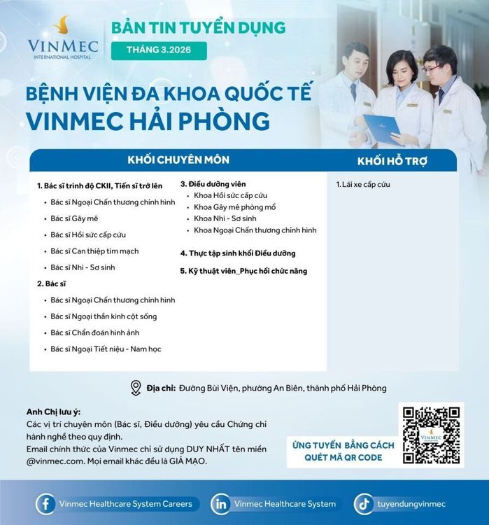 Bệnh viện Đa khoa Quốc tế Vinmec Hải Phòng tuyển dụng nhiều vị trí tháng 3/2026