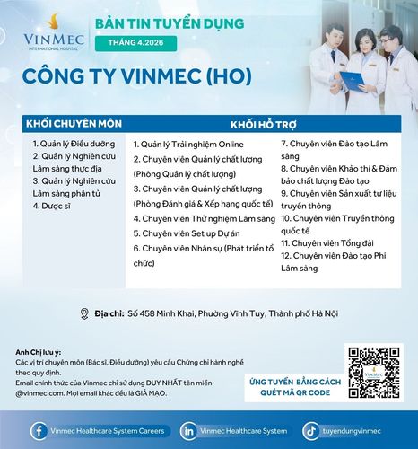 Công ty Vinmec (HO) tuyển dụng nhiều vị trí tháng 4/2026